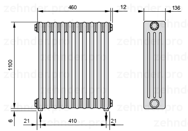 Схема (чертеж) Радиатор Zehnder Charleston 4110/10 №3570 Белый глянцевый RAL 9016